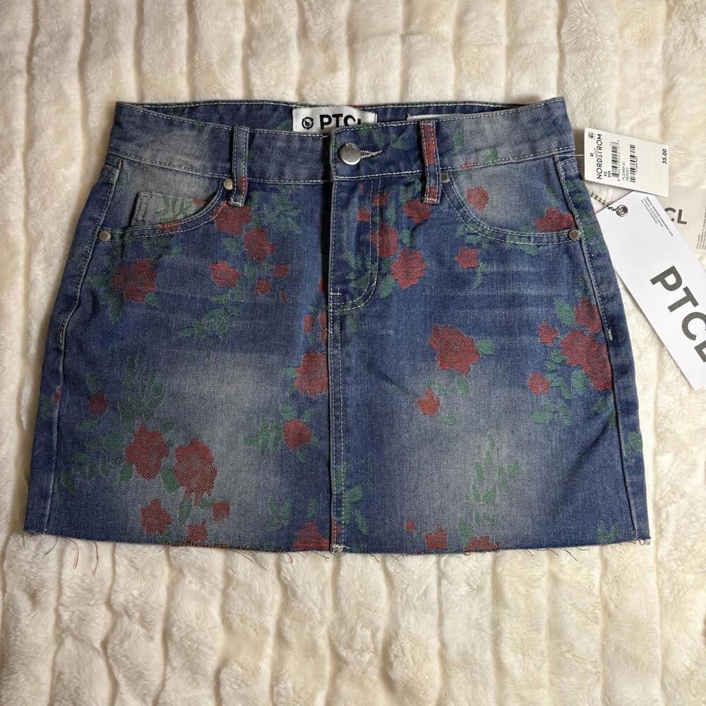 NWT PTCL Rose Jacquard Denim Jean Mini skirt XS